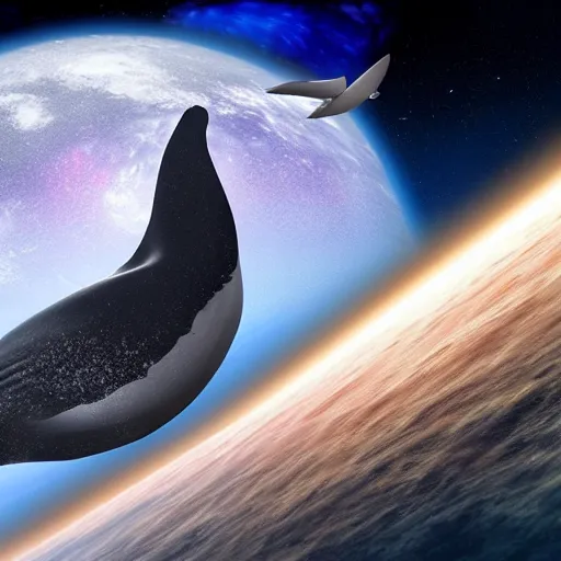 Prompt: a whale in space size of a planet on its way to eat another planet, mouth open, 4k ultra realistic