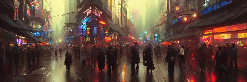 Image similar to overly crowded street of a cyberpunk city, rain, harsh neon lights, highly detailed, digital painting, trending on artstation, concept art, sharp focus, illustration, art by artgerm and greg rutkowski and magali villeneuve