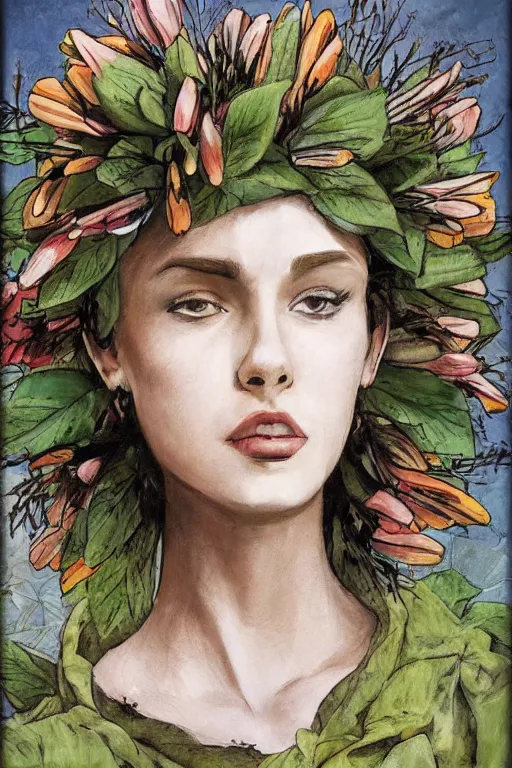 Image similar to portrait fashion model a wreath of spring flowers on her head artwork by enki bilal