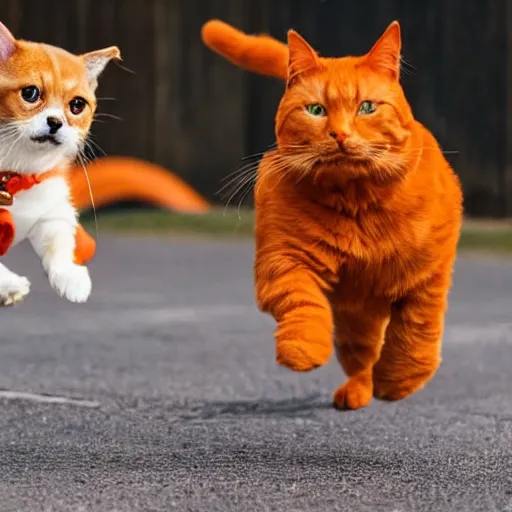 Prompt: a small dog being chased by a big fat orange cat