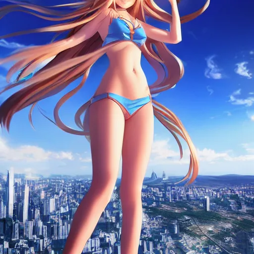 Image similar to seen from above : a giant macro very beautiful young yuuki asuna, full body, long wavy blond hair, sky blue eyes, full round face, bikini, miniskirt, laying on a miniature city, cinematic wallpaper by stanley artgerm lau
