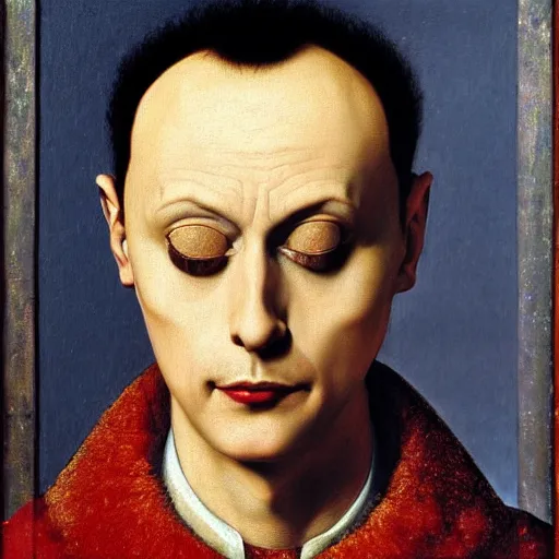 Image similar to portrait of klaus nomi, oil painting by jan van eyck, northern renaissance art, oil on canvas, wet - on - wet technique, realistic, expressive emotions, intricate textures, illusionistic detail