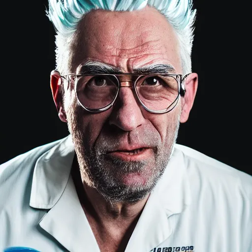 Image similar to portrait of old shaved rick sanchez, lab coat and tee shirt, lens flare, atmosphere, glow, detailed, intricate, full of colour, cinematic lighting, trending on artstation, 4 k, hyperrealistic, focused, extreme details, unreal engine 5, cinematic, masterpiece