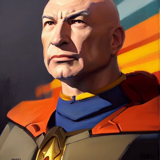 Image similar to greg manchess portrait painting of partially armored jean luc picard as overwatch character, medium shot, asymmetrical, profile picture, organic painting, sunny day, matte painting, bold shapes, hard edges, street art, trending on artstation, by huang guangjian, gil elvgren, ruan jia, greg rutkowski, gaston bussiere