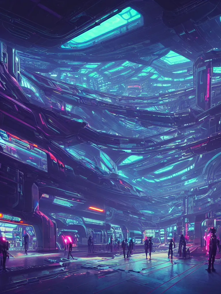 Image similar to the interior of a celestial spaceship cyberpunk hangar in a bioluminescent walls decorated beautifully, lots of cyberpunk design elements like humanoids and mecha robots, warm sunlight shining in, lots of cables and neon signs, concept art 8 k resolution, fantasy illustration, sharp focus, detailed painting, deep color, volumetric lighting, crepuscular rays