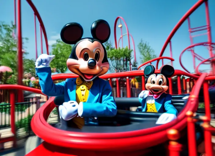 Image similar to film still of a bunny riding a roller coaster in disneyland paris, 8 k