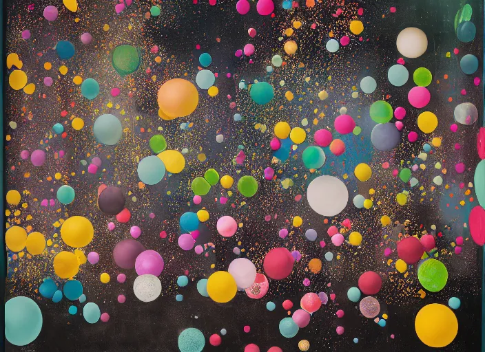 Prompt: hundred colour bubbles by vincent lefevre and hernan bas and pat steir and hilma af klint, psychological, dripping paint, washy brush, background with hundreds of bubbles of memories by andreas gursky, rendered in octane, altermodern, masterpiece