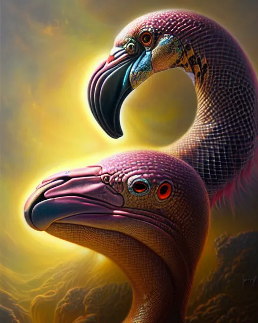 Image similar to a detailed portrait of dreampunk flamingo python hybrid mix by tomasz alen kopera and peter mohrbacher