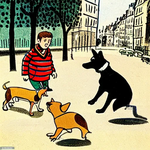 Image similar to illustration of french boy on the streets of paris playing football against a corgi, the dog is wearing a polka dot scarf, comic, 1 9 6 6