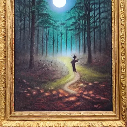 Prompt: surreal oil painting of folk legend creature in the forest, dim light, artistic moon