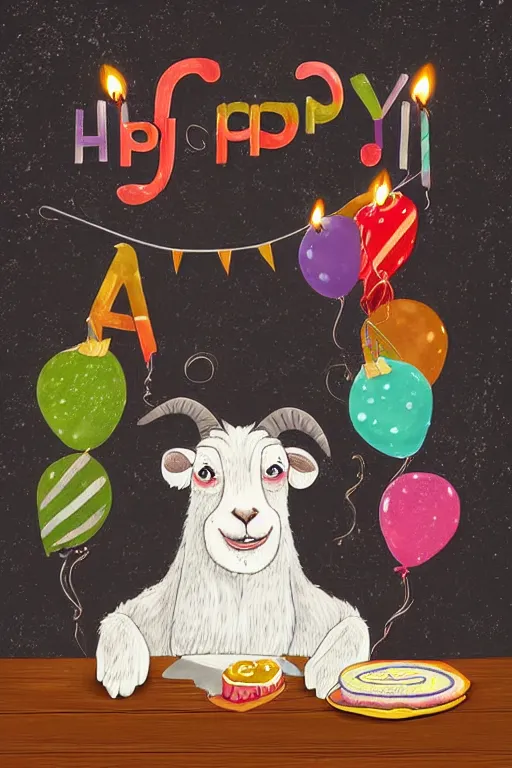 Image similar to an elderly goat with a long white beard, sitting in front of a birthday cake with lit candles, in the style of a children's book illustration, cute, highly detailed digital art