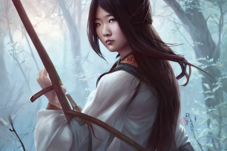 Image similar to beautiful cinematic fantasy poster, asian woman side view using a bokken in forest ; by artgerm ; wayne n reynolds art station ; cinematic quality character render ; high quality ac - h 9 6 0