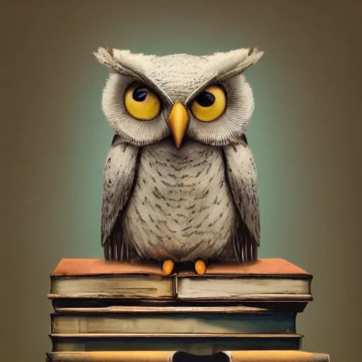 Prompt: long shot of a very cute plushy owl with sleepy eyes sitting on a pile of antique books, by esao andrews, by james jean, humorous illustration, hyperrealistic, big depth of field, fresh colors, dim light, 3 d octane render conceptart, 4 k, hyperdetailed, trending on artstation