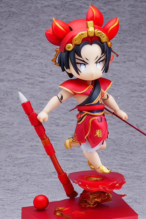 Image similar to arty chinese mythology ne zha nendoroid full body hyperdetalied, hero action pose, osamu tezuka, macoto takahashi, chibi, q posket, 8 k realistic, 3 d, cryengine, exquisite, red cloth around his shoulders, hold spear, ne zha ( 2 0 1 9 ), fenghua zhong,