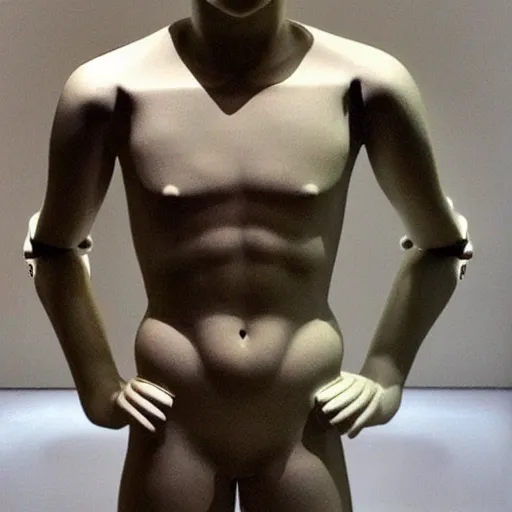 Image similar to “ a realistic detailed photo of a guy who is an attractive humanoid who is half robot and half humanoid, who is a male android, soccer player antoine griezmann, shiny skin, posing like a statue, blank stare, at the museum, on display ”