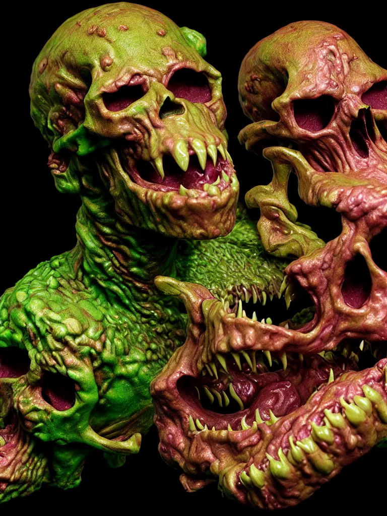 Image similar to hyperrealistic subsurface scattering rendering, fat smooth wet cronenberg flesh monster smooth skull and ribcages kaiju by art of skinner and richard corben and jeff easley, product photography, action figure, sofubi, studio lighting, colored gels