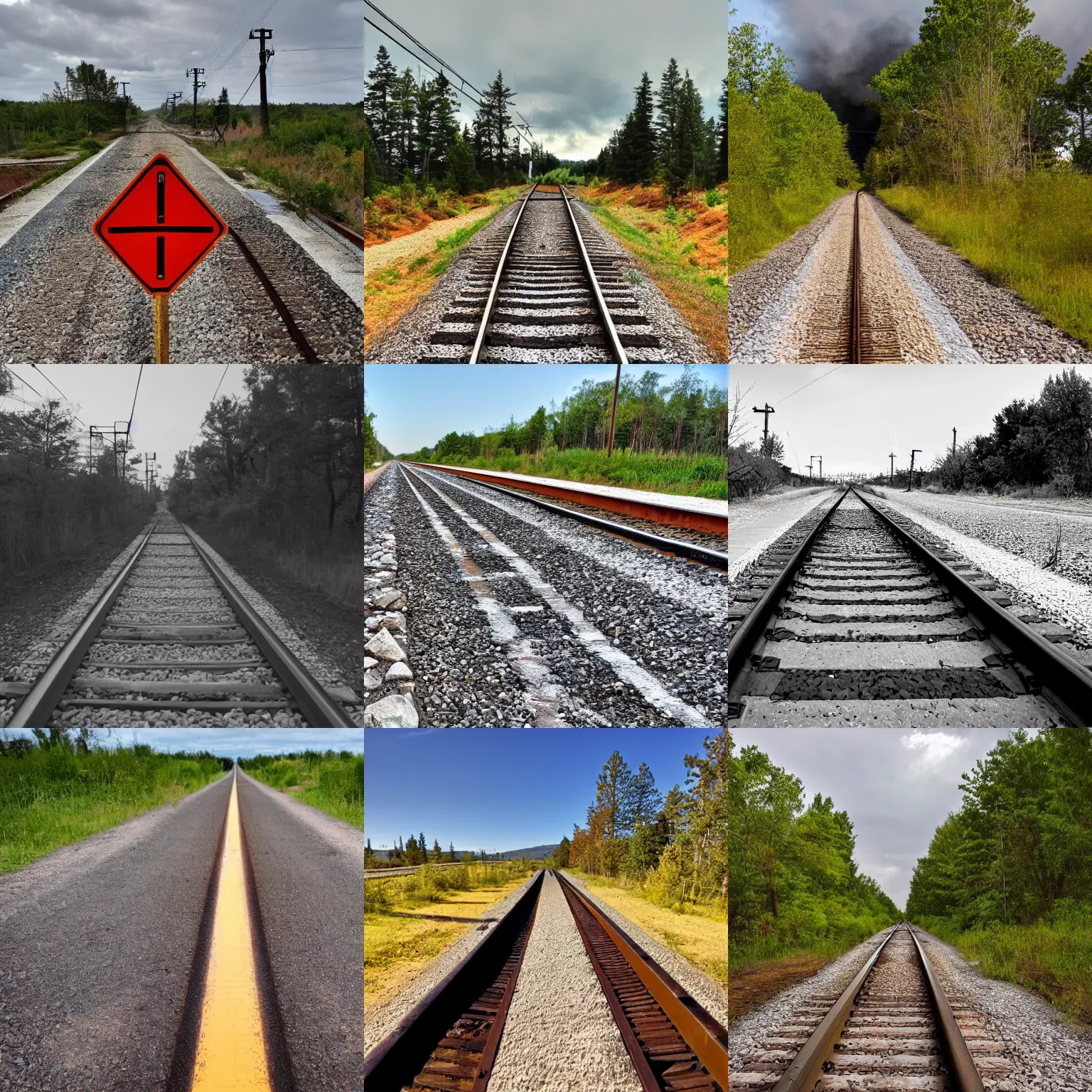 Prompt: a railroad crossing a road