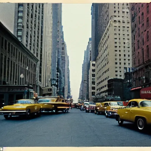 Prompt: analog medium format street photography of busy new york street, 1 9 6 0 s, wide - angle, photographed on colour expired film, detailed photograph