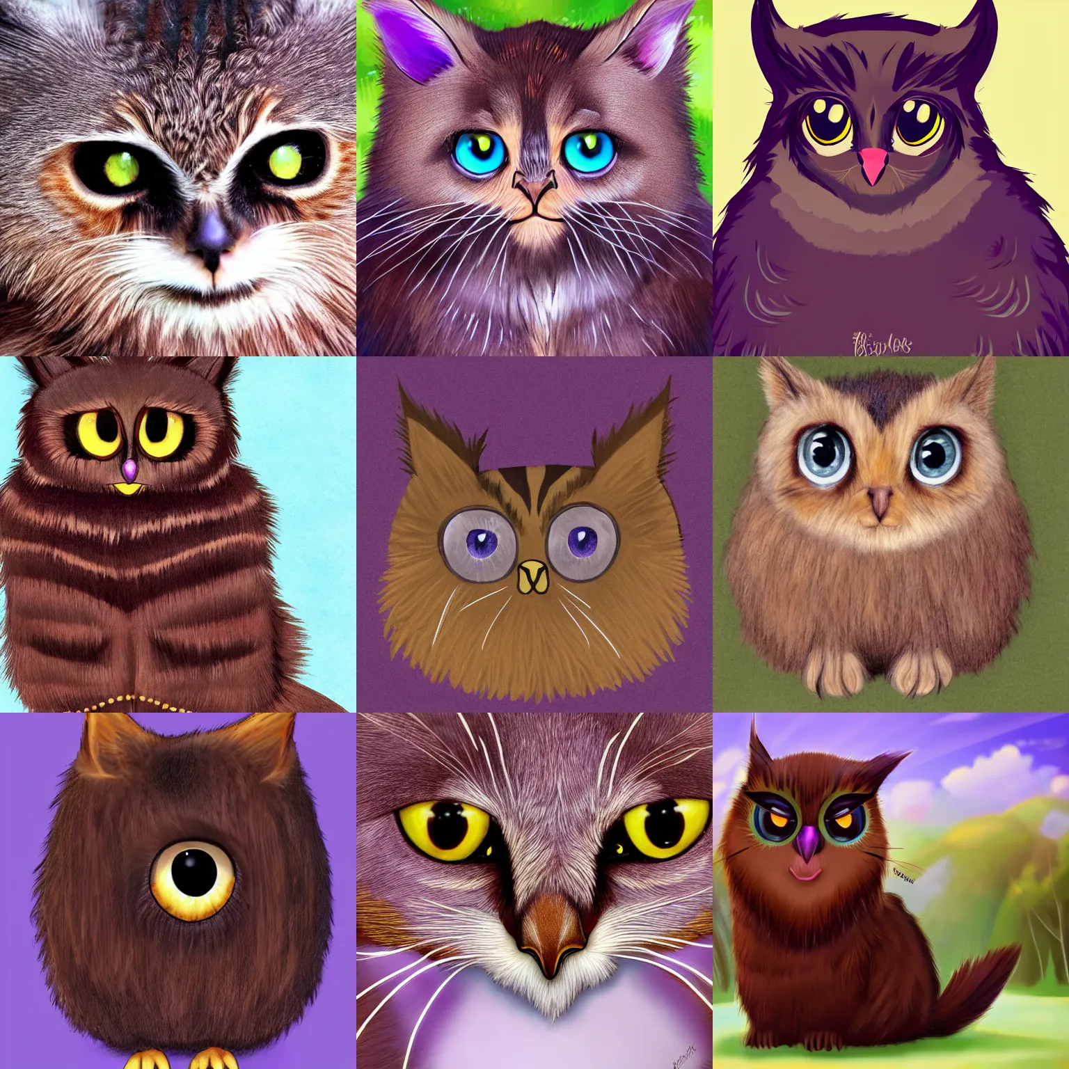 Prompt: brown - furred owlcat with big purple eyes, cute artstyle, wholesome, round