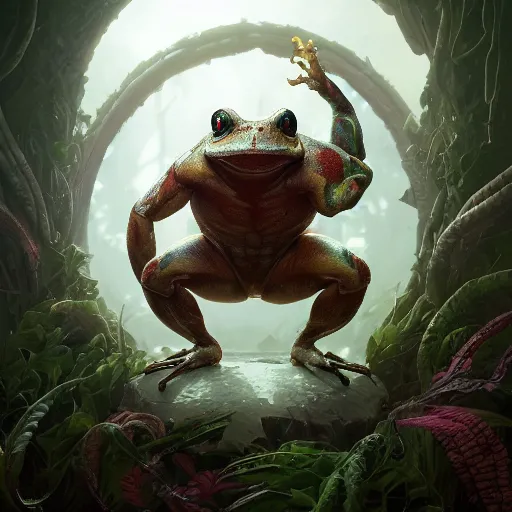 Image similar to highly detailed portrait of a muscular frog, stephen bliss, unreal engine, greg rutkowski, loish, rhads, beeple, makoto shinkai and lois van baarle, ilya kuvshinov, rossdraws, tom bagshaw, alphonse mucha, global illumination, detailed and intricate environment