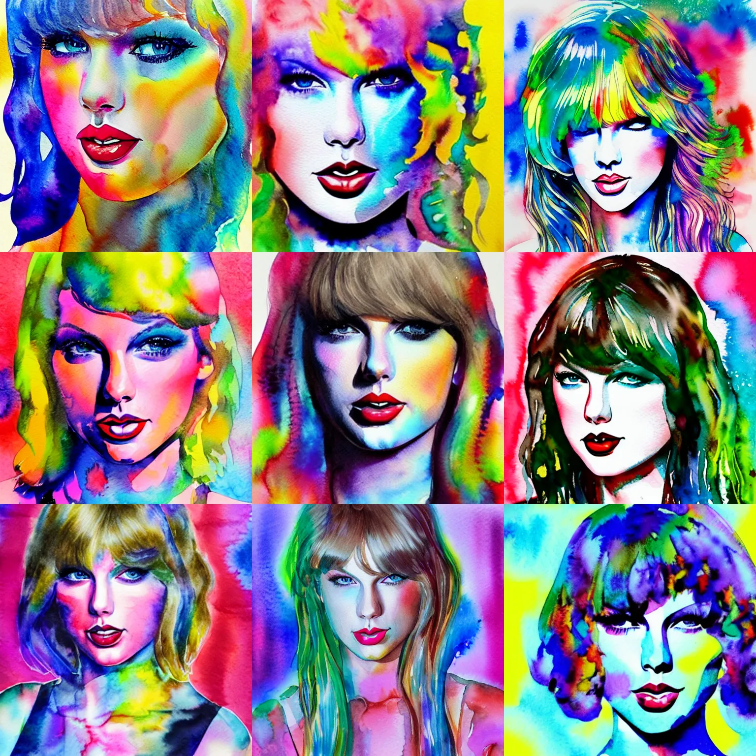 Prompt: beautiful, psychedelic watercolor painting of taylor swift, award winning, 4 k