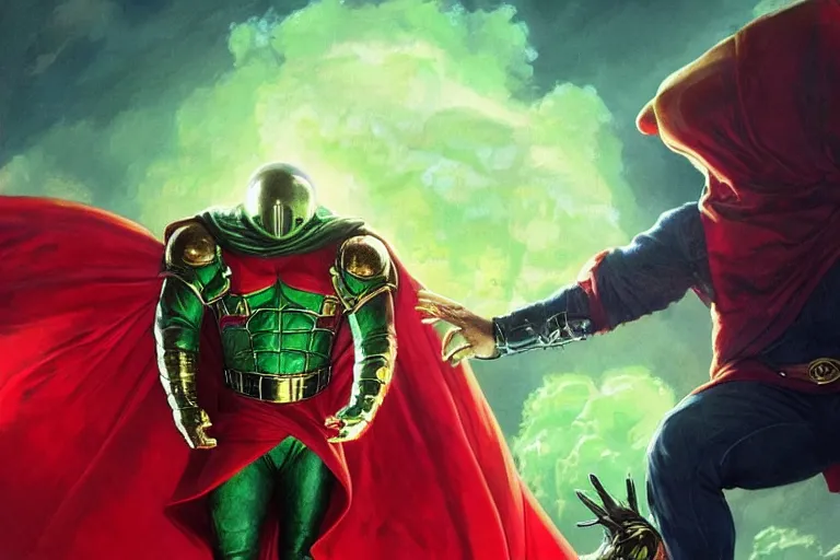 Prompt: Mysterio, crossing his arms, wearing a reflective dome on his head and a big red cape appearing gigantic emerging from a cloud of green smoke, trending on Artstation, highly detailed, HD wallpaper, 4k, photorealistic, digital art, art by artgerm and Greg Rutkowski and Alphonse Mucha