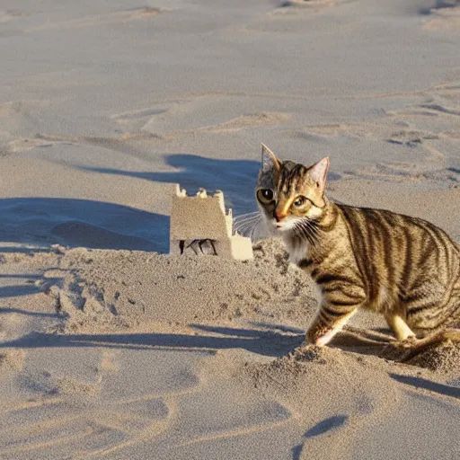 Image similar to a tabby cat building a sandcastle on the beach