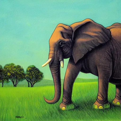 Image similar to an elephant on a green meadow art by Groening Matt