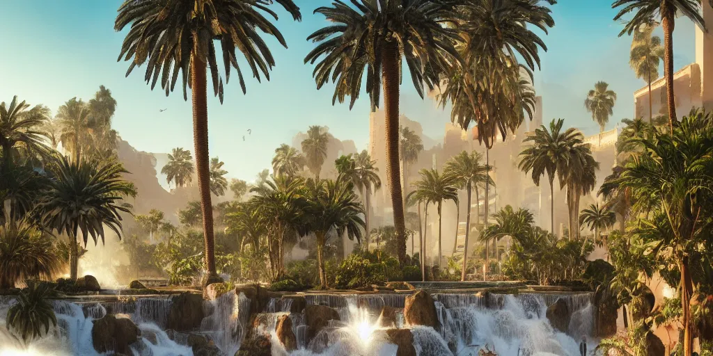 Image similar to beautiful oasis waterfalls surrounded by palm trees, Moroccan tile archways, date trees, ivory towers, sun setting, ross tran, nephilim, pyroclastic flow, ethereal, fantasy, James Jean, oozium, peter morbacher, angelarium, alchemy, luxury, heavenly light, Soft illumination, Trending on artstation, Cinematic Lighting, digital painting, octane render, artgerm