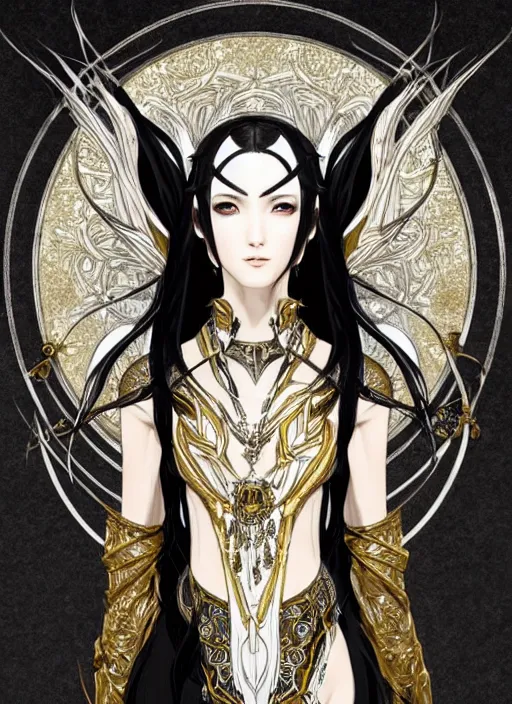 Image similar to Half body portrait of a beautiful elven healer with long straight black hair wearing ornate white and gold attire. In style of Yoji Shinkawa and Hyung-tae Kim, trending on ArtStation, dark fantasy, great composition, concept art, highly detailed, dynamic pose.