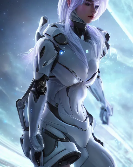 Image similar to perfect android girl on a mothership, warframe armor, beautiful face, scifi, futuristic, galaxy, nebula, raytracing, dreamy, long white hair, blue cyborg eyes, sharp focus, cinematic lighting, highly detailed, artstation, divine, by gauthier leblanc, kazuya takahashi, huifeng huang