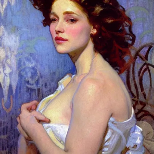 Image similar to portrait of a beautiful woman by gil elvgen, greg manchess, mucha, sorrolla, john singer sargent