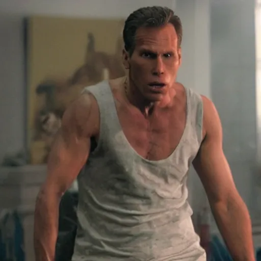 Image similar to Live Action Still of Jerma in Die Hard, real life, hyperrealistic, ultra realistic, realistic, highly detailed, epic, HD quality, 8k resolution, body and headshot, film still