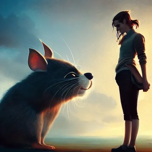 Prompt: emma watson standing in front of a giant mouse, digital art by greg rutkowski, artstation, but as photography by steve mccurry