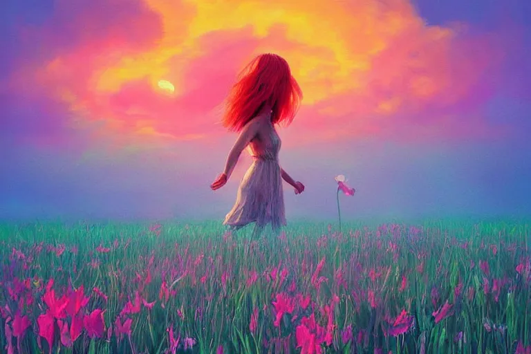 Image similar to giant gladiola head, girl walking in field of flowers, surreal photography, sunrise, blue sky, dramatic light, impressionist painting, digital painting, artstation, simon stalenhag