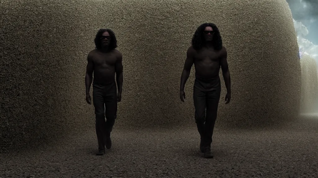 Prompt: a black man with long curly hair, wearing glasses, walking out of a the Utopia's gate, extreme detailed face, film still from the movie directed by Denis Villeneuve with art direction by Zdzisław Beksiński, wide lens