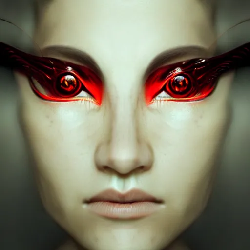 Image similar to portrait of a woman, small red eyes, unknown species, renaissance style, star wars character, volumetric lights, symmetry, headpiece, trending on artstation, sharp focus, leica, studio photo, intricate details, highly detailed