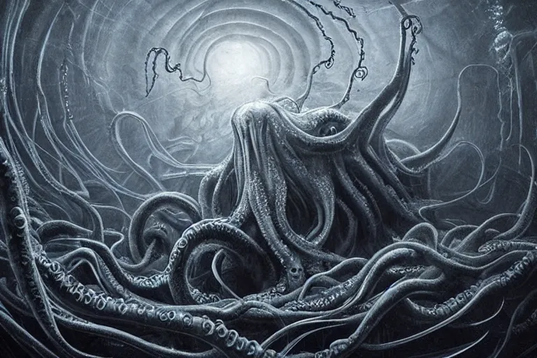 Prompt: old god eldritch horror terrifying the deep abyss of the ocean floor, epic scene, deep underwater photography, hyper - detailed, gigantic cthulhu, swarm of tentacles, dark art, digital art, epic composition, ultrarealism