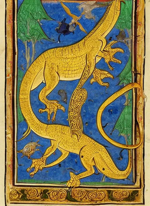 Image similar to a gilded page from an illuminated manuscript, depicting a dinosaur intertwined with the letter S, other dinosaurs along the bottom of the page, hand drawn, Master of Imola c. 1275, highly detailed