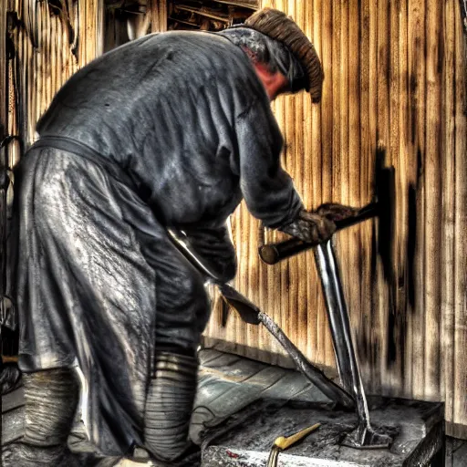 Prompt: a old grumpy blacksmith hammering away on burned metal, realistic, hdr, clear image, hdd, medival,