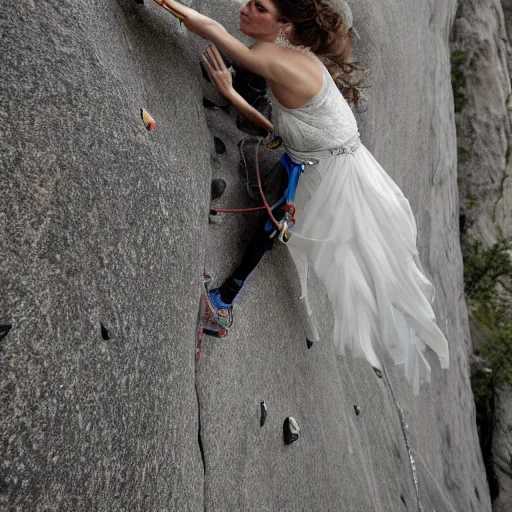 Image similar to Ultra realistic close-up of Frida Kahlos face wearing a wedding dress rock climbing a steep wall, hd