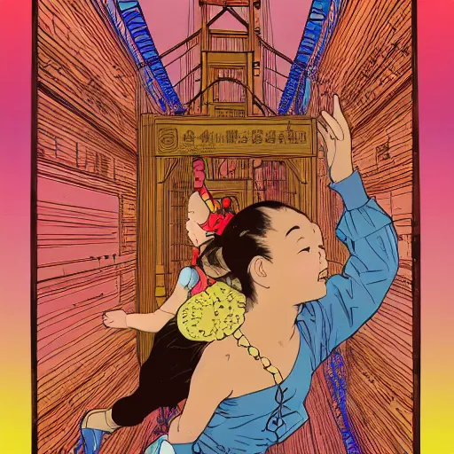 Image similar to a one quarter chinese three - quarter caucasian mixed race five - year - old girl, dressed as a ballerina, balancing on the golden gate bridge, wide shot, sunset illustration, pop art, splash painting, art by geof darrow, ashley wood, alphonse mucha