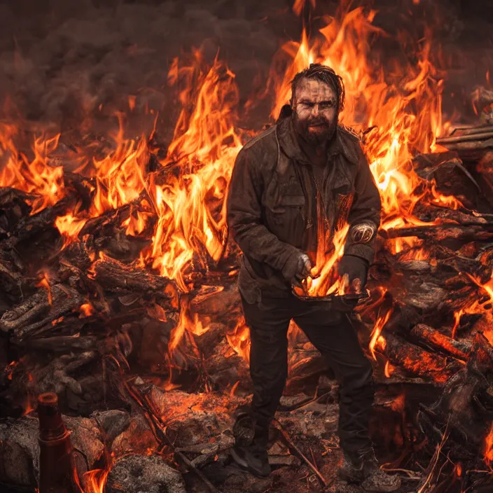 Prompt: gritty apocalyptic man smirking holding gas can next to a campfire, octane render, 4 k ultra hd, hyper - detailed, seedy lighting, sharp focus, fantasy dark art