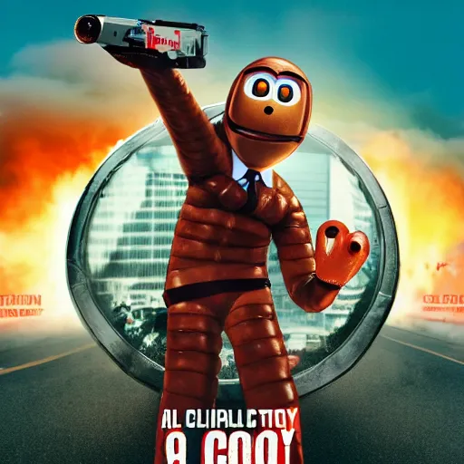 Prompt: A typical american action film poster featuring clippy the clipper and a lifelike sausage, 8k movie poster, highly detailed, vivid intense colors, sharp, crisp