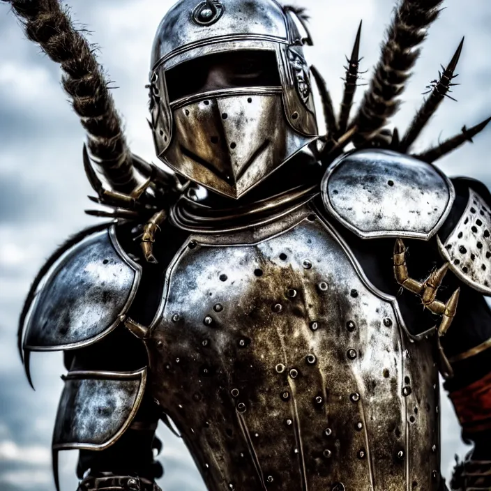 Image similar to photo of a warrior with metal spider themed armour and helmet, highly detailed, 4 k, hdr, smooth, sharp focus, high resolution, award - winning photo