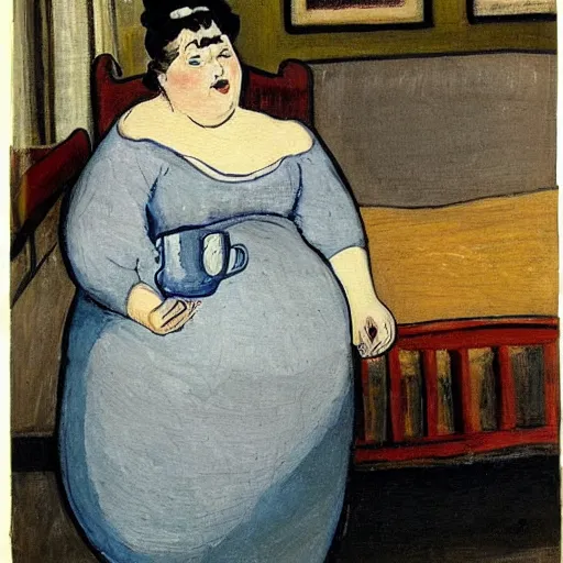 Image similar to a beautiful painting of a beautiful fat woman wearing a nightgown drinking coffee in a bed with white sheets in the style of in the style of Telous Lautrec