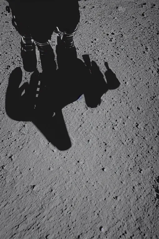 Image similar to afull body photography of an astronaut on the surface of the moon, bottom - view, focus on his foot, low angle, out - space in background, photography, photo - shot, shooting, cinematic lighting, 8 k