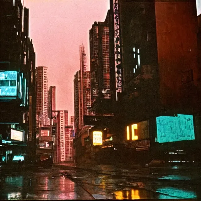 Image similar to kodachrome photograph, saturated photo, 1 9 6 7 dystopian cyberpunk city during a melancholy rainy night