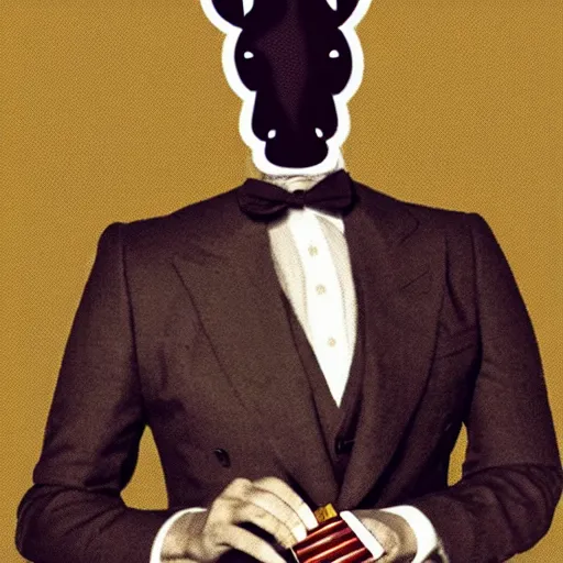 Image similar to an antropomorphic horse wearing a suit smoking a cigar