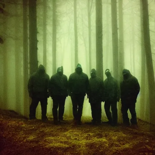 Image similar to low quality iphone photo of the payday : the heist crew standing ominously deep in the foggy woods low visibility creepy, grainy, trail cam footage